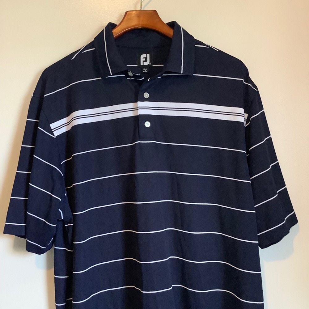FootJoy Mens XL Navy Blue Striped Golf Polo Shirt Falcons Fire Golf Club Logo